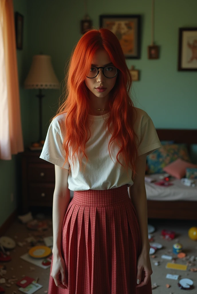 A foolish decision,High resolution,(masterpiece:1.4),Hyper Detail,Red long hair, One Girl, Glasses, alone, Red eyes,, White Thailand, Pleated checkered red skirt, , Zombie Role Playing,Cozy rooms(1.2),Zombie Apocalypse,Zombie outbreak,Rising to the Head(1.2),Expressions of dissatisfaction or crying