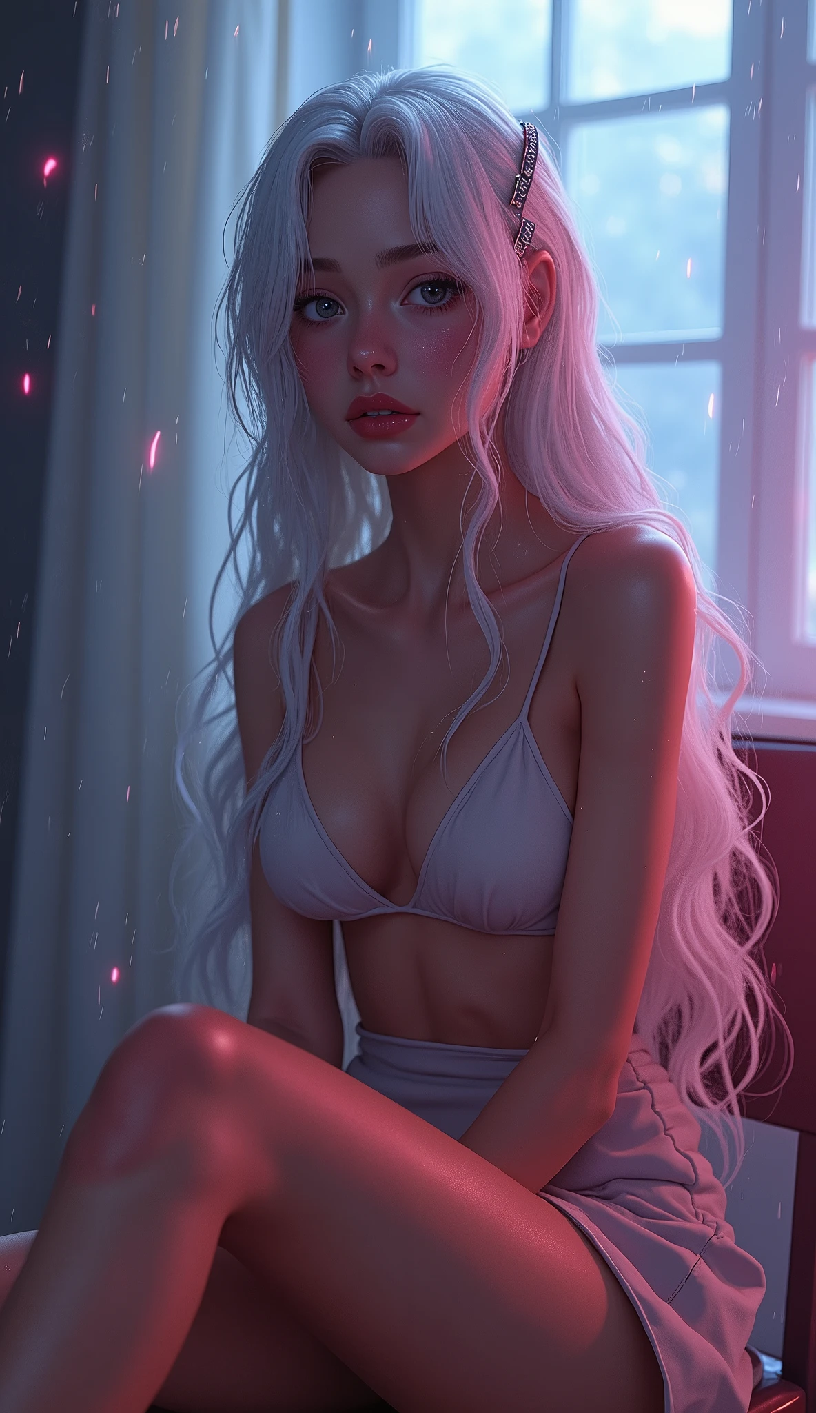photorealistic,Realistic illustration in Modelshoot style,((masterpiece)),((The best quality)),((Ultra Quality)),((ultra detailed)),((1girl long white hair)),((Only)),((waifu:1.5)),Perfect anatomy,perfect hands,beautiful cuerpo,beautiful_method,ulzzang-6500-v1,e-chica,((Exceptionally Beauty Waifu Princess Tifa Lockhart))Actual photo、Highest im年 quality、Beautiful woman、Beautiful thighs、Beautiful Face、Uniform Ponytail、Yuriko Yoshitaka、Japanese women、pretty girl、skirt、Beautiful thighs、pumps、Sit on a chair、(front:1.6)、(Open your knees:1.4)、Panty shot、,((bright-pink_eyes)),long wavy hair, ((white hair)),hair clips,eyeliner,cute makeup,lipstick,Glossy lipstick,with a look of terror, worry and sadness,((eyes detallados perfectos)),rainy with fog outside,evening,pink theme,bioluminiscencia,light particles,((Extremely CG Unity 8K Wallpaper)),((cinematic lighting,Best quality lights)),intricate details,Suave,sharp focus,Extremely beautiful and aesthetic,Octane rendering,Full length portrait,damp skin,((Perfect detailed body)),