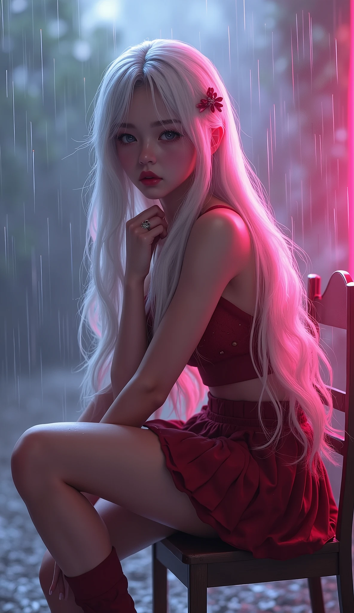 photorealistic,Realistic illustration in Modelshoot style,((masterpiece)),((The best quality)),((Ultra Quality)),((ultra detailed)),((1girl long white hair)),((Only)),((waifu:1.5)),Perfect anatomy,perfect hands,beautiful cuerpo,beautiful_method,ulzzang-6500-v1,e-chica,((Exceptionally Beauty Waifu Princess Tifa Lockhart))Actual photo、Highest im年 quality、Beautiful woman、Beautiful thighs、Beautiful Face、Uniform Ponytail、Yuriko Yoshitaka、Japanese women、pretty girl、skirt、Beautiful thighs、pumps、Sit on a chair、(front:1.6)、(Open your knees:1.4)、Panty shot、,((bright-pink_eyes)),long wavy hair, ((white hair)),hair clips,eyeliner,cute makeup,lipstick,Glossy lipstick,with a look of terror, worry and sadness,((eyes detallados perfectos)),rainy with fog outside,evening,pink theme,bioluminiscencia,light particles,((Extremely CG Unity 8K Wallpaper)),((cinematic lighting,Best quality lights)),intricate details,Suave,sharp focus,Extremely beautiful and aesthetic,Octane rendering,Full length portrait,damp skin,((Perfect detailed body)),
