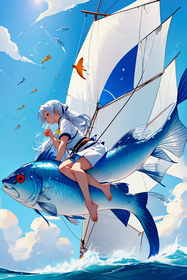 1 Girl, on top of a giant fish, flying in the sky, side view, one sailboat behind her flying, anime style, azur lane, bubbles, little fishes