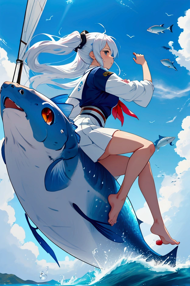 1 Girl, on top of a giant fish, flying in the sky, side view, one sailboat behind her flying, anime style, azur lane, bubbles, little fishes