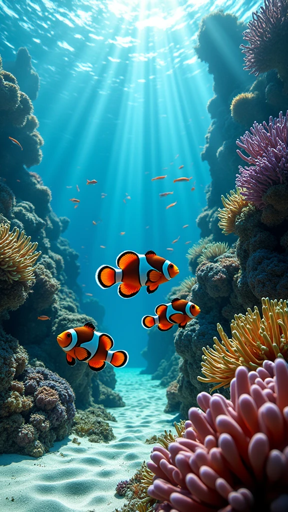 two clownfish swimming in the coral reef, realisitic