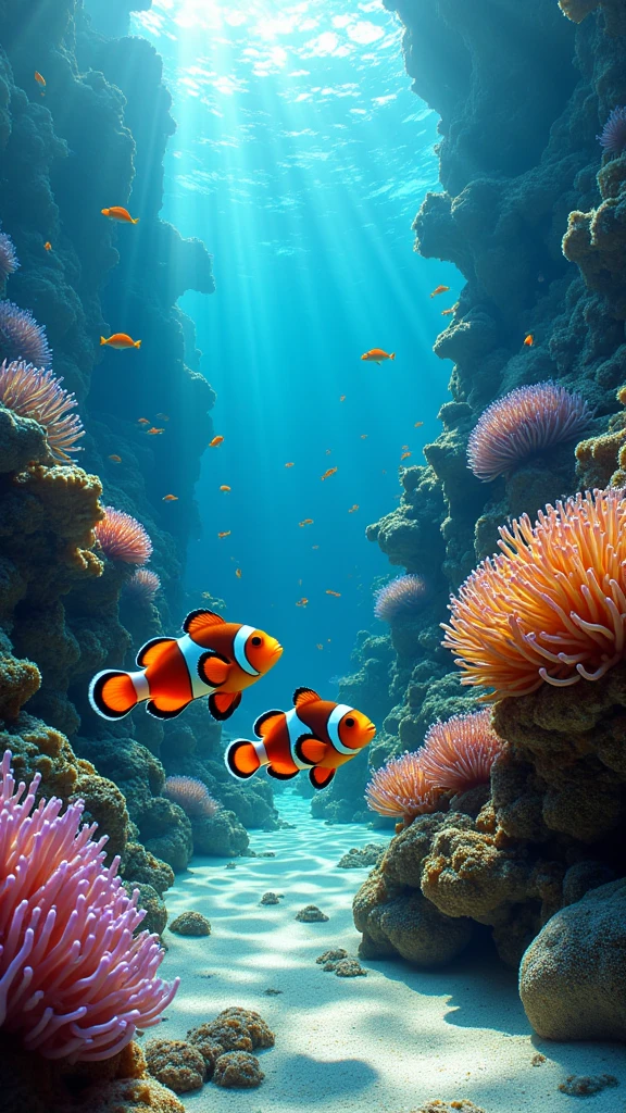 two clownfish swimming in the coral reef, realisitic