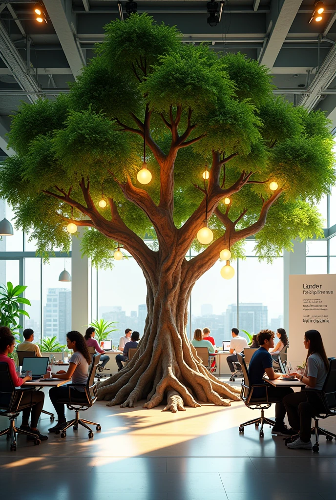 A photograph or illustration showing a robust and leafy tree inside a modern office environment. The tree represents growth, the company's innovation and vitality. Its roots spread across the office floor, subtly transforming into network cables, symbolizing how employee well-being is connected and fuels the company's technological infrastructure.
The branches of the tree extend throughout the space, with vibrant green leaves that transform into lit lamps, representing the brilliant ideas and innovation. Around the tree, we see collaborators of diverse ethnicities and ages, Some working on laptops, others talking in small groups, and some practicing yoga or meditation.
The environment around the tree is bright and welcoming, with flexible workspaces, rest areas and motivational panels on the walls. In a corner, you can see a small sign that reads "Judgment-free zone - Here, all ideas are welcome".
This image visually captures the main concepts of the article: the centrality of employee well-being, the connection between caring for people and the growth of the company, the importance of diversity and creating a safe and welcoming environment to foster innovation.