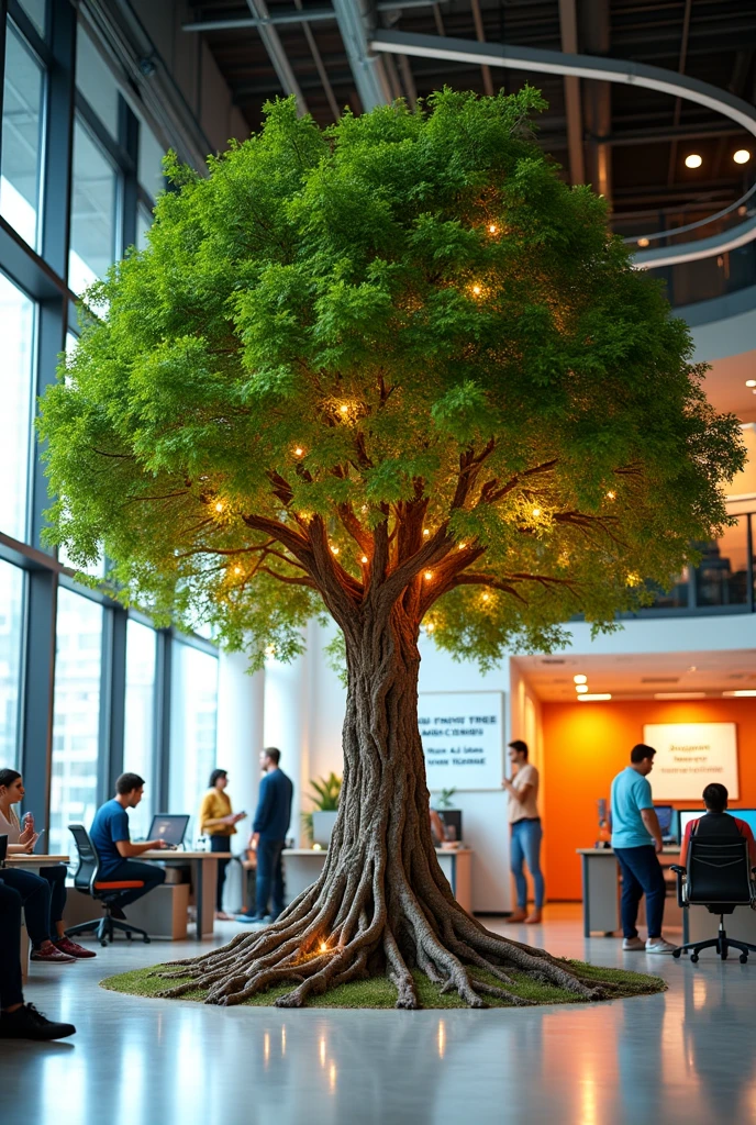 A photograph or illustration showing a robust and leafy tree inside a modern office environment. The tree represents growth, the company's innovation and vitality. Its roots spread across the office floor, subtly transforming into network cables, symbolizing how employee well-being is connected and fuels the company's technological infrastructure.
The branches of the tree extend throughout the space, with vibrant green leaves that transform into lit lamps, representing the brilliant ideas and innovation. Around the tree, we see collaborators of diverse ethnicities and ages, Some working on laptops, others talking in small groups, and some practicing yoga or meditation.
The environment around the tree is bright and welcoming, with flexible workspaces, rest areas and motivational panels on the walls. In a corner, you can see a small sign that reads "Judgment-free zone - Here, all ideas are welcome".
This image visually captures the main concepts of the article: the centrality of employee well-being, the connection between caring for people and the growth of the company, the importance of diversity and creating a safe and welcoming environment to foster innovation.