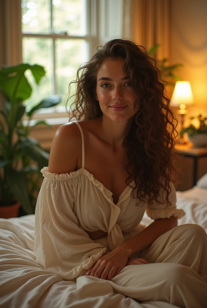 (photorealism:1.2), beautiful woman, sitting on bed, wearing loose off-shoulder top, pajama pants, long curly hair, indoors, soft lighting, plants in background, window with sunlight, cozy room, relaxed pose, realistic, intricate details, warm colors, by Greg Rutkowski, by Alphonse Mucha