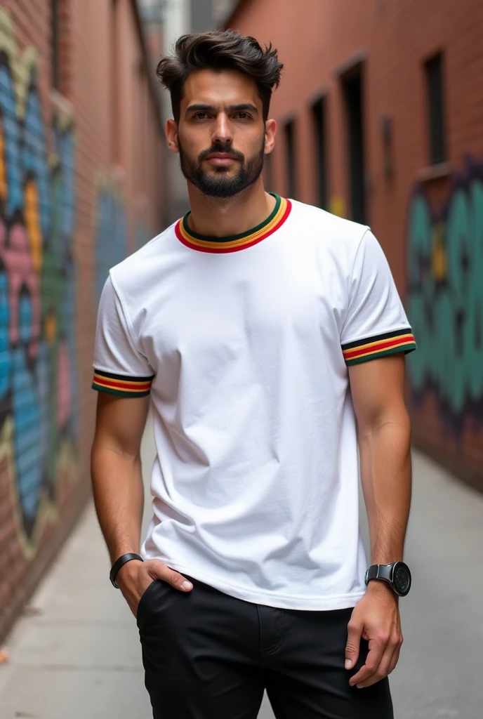 Plain white collar T-shirt having red, gold, black and green stripes at the end of collar and hands