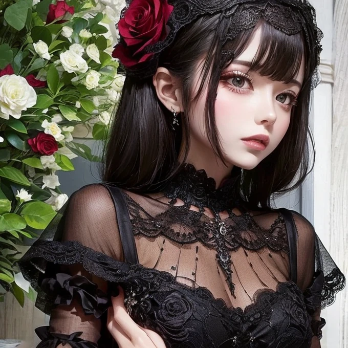 bikini lace dress,,Black lace wedding dress,Lace cape,, Roses in hand
