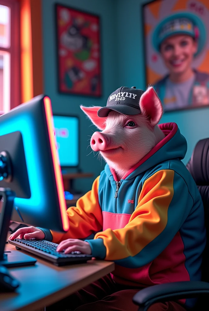 A pig in a hoodie is sitting at a cool computer wearing a cap that says Mydriy Ded.
