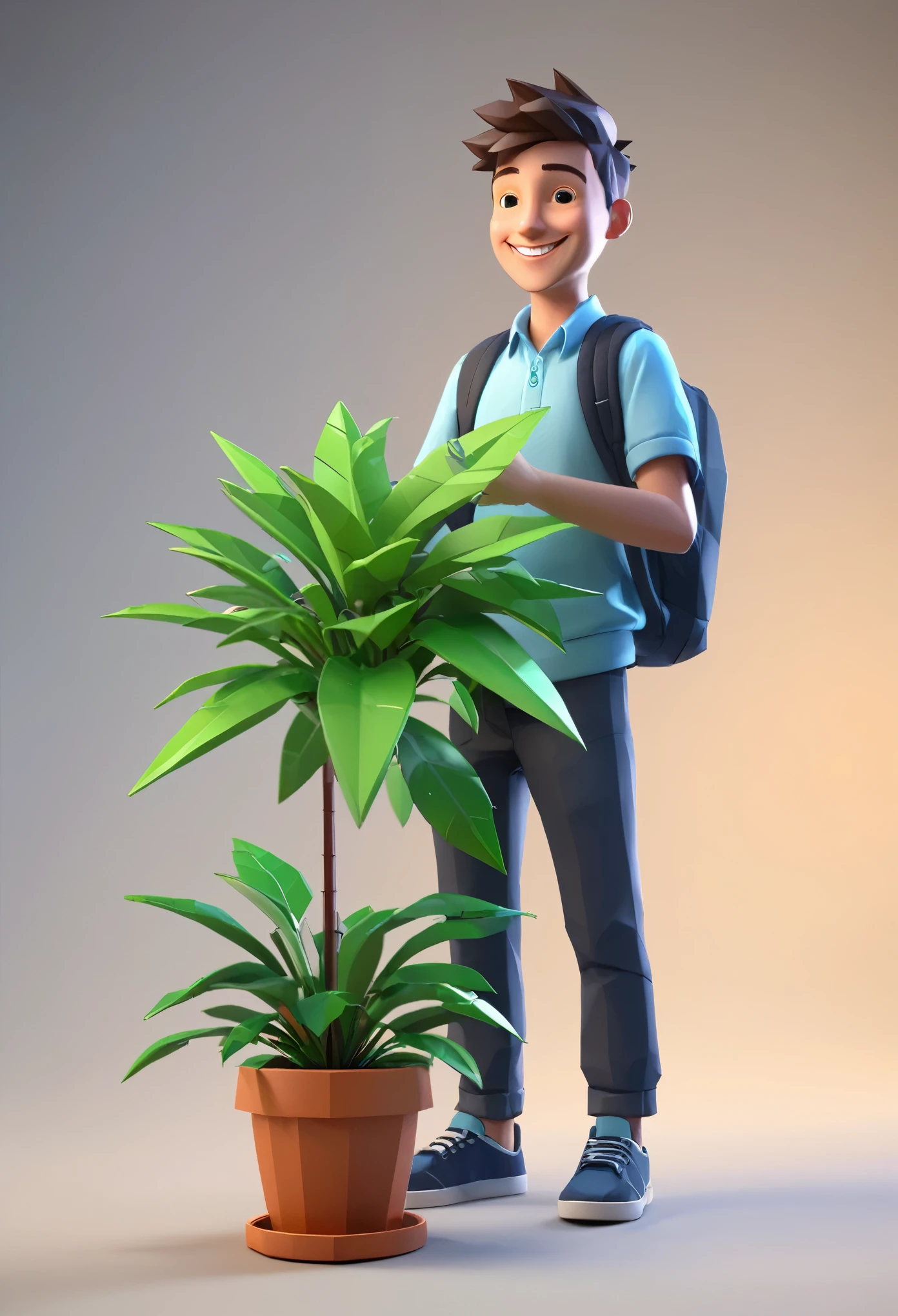 lowpoly, a happy student with his plant, lowpoly, cinematic lighting, octane render, epic realistic, low poly count, full body, no background