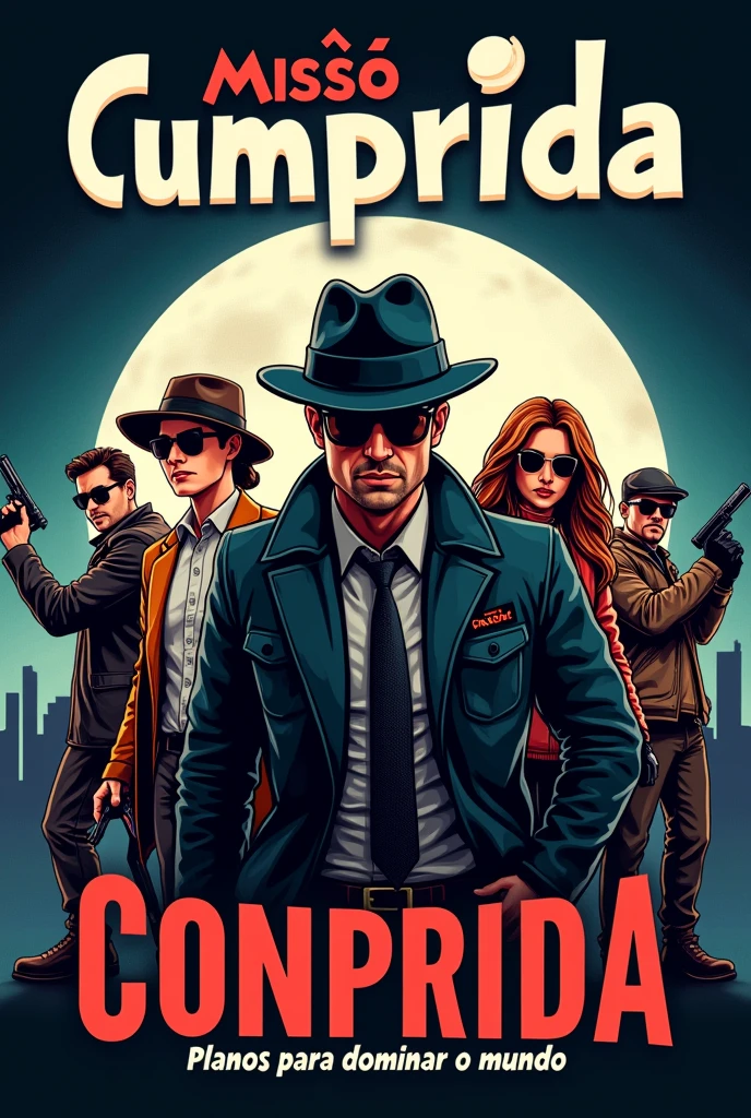 create a t-shirt with the following things: "Mission Accomplished":
• Secret Agent Theme, with the gang portrayed as spies on a final mission.
• Phrase: "confidential: Plans to dominate the world." 
write in Portuguese 
