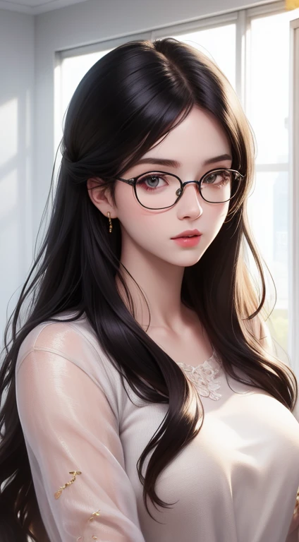 wearing delicate round glasses, looking serious.,Gold frame round glasses, Wavy Hair、casual long hair、Beautiful long black hair、 (Highly detailed eyes, Highly detailed face、A woman with high-resolution skin texture)、Sparkling, shining eyes,Attractive adult pretty woman、Ultra-high resolution, Realistic,elegant、Office Casual、Neat clothes、Portrait facing the front、Golden Ratio、Highest quality、Library、A bright room with soft light