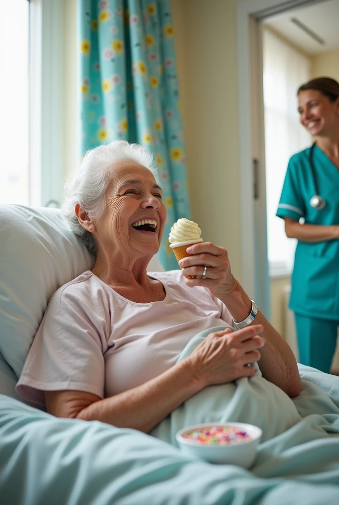 Grandma is eating ice cream in the hospital.