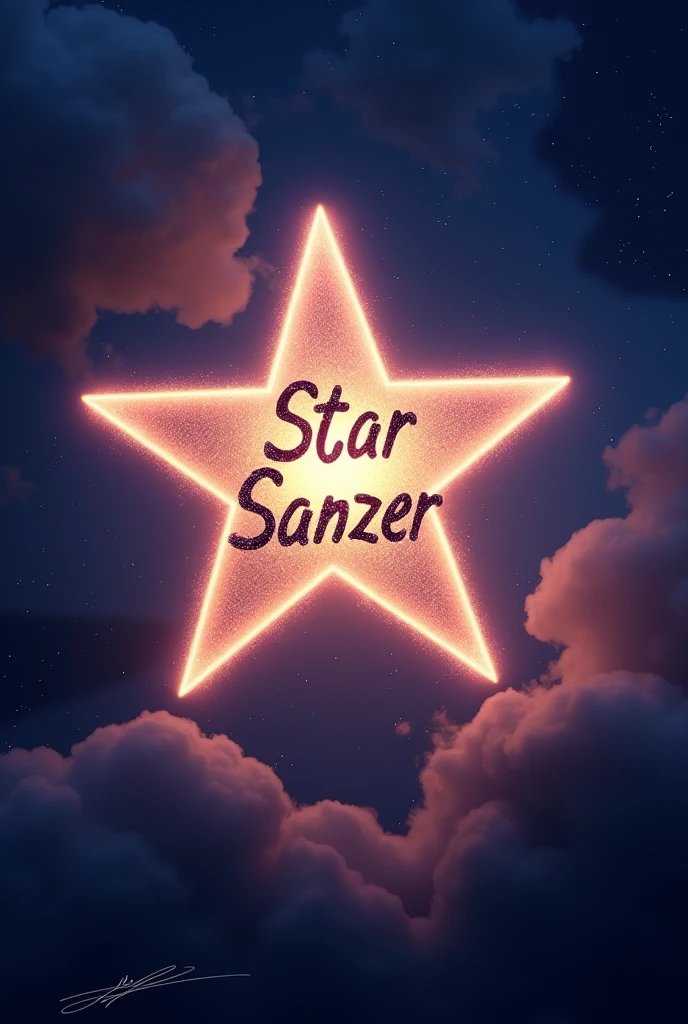 A star that is bright and has words saying star sanzer 