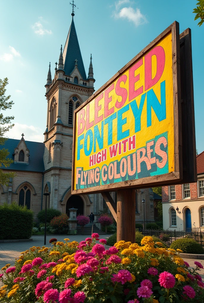 a billboard from the town written BLEESED FONTEYN HIGH WITH FLYING COLOURES in the church