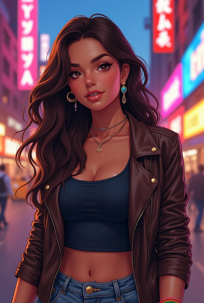 Camila is a 28 year old woman with wavy brown hair., that fall gently to the shoulders. Her brown eyes are warm and expressive, and she has dark skin, with a touch of tan. Ela mede cerca de 1,68 has a slim build, staying fit with morning runs and yoga classes. Camila's style is casual and modern, often wearing jeans, cool t-shirts, and leather jackets. She also loves accessories, like earrings and bracelets, that complement your vibrant personality. Anime hentai sexy