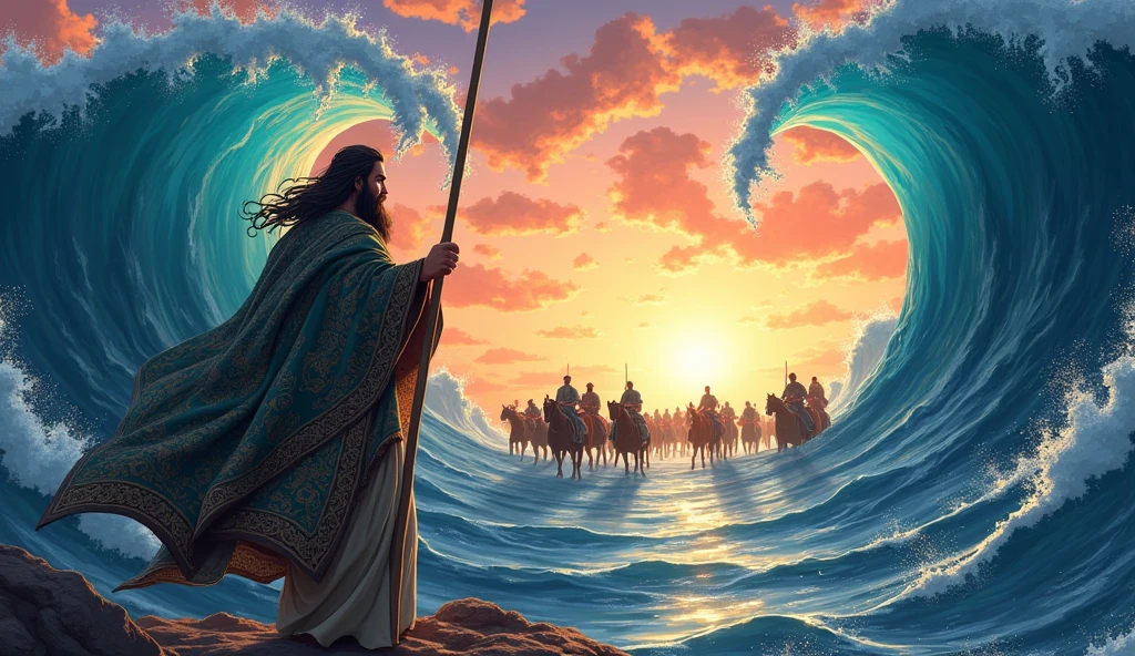 Anime A man with a long beard and slightly long hair, wearing a quilt and old Islamic clothes, splits the sea with his stick, and each split appears very high. Behind him are soldiers on horses and the parade is filmed  The sea splits into two halves, and each half is elevated, with a path for horses in the middle of the split. 