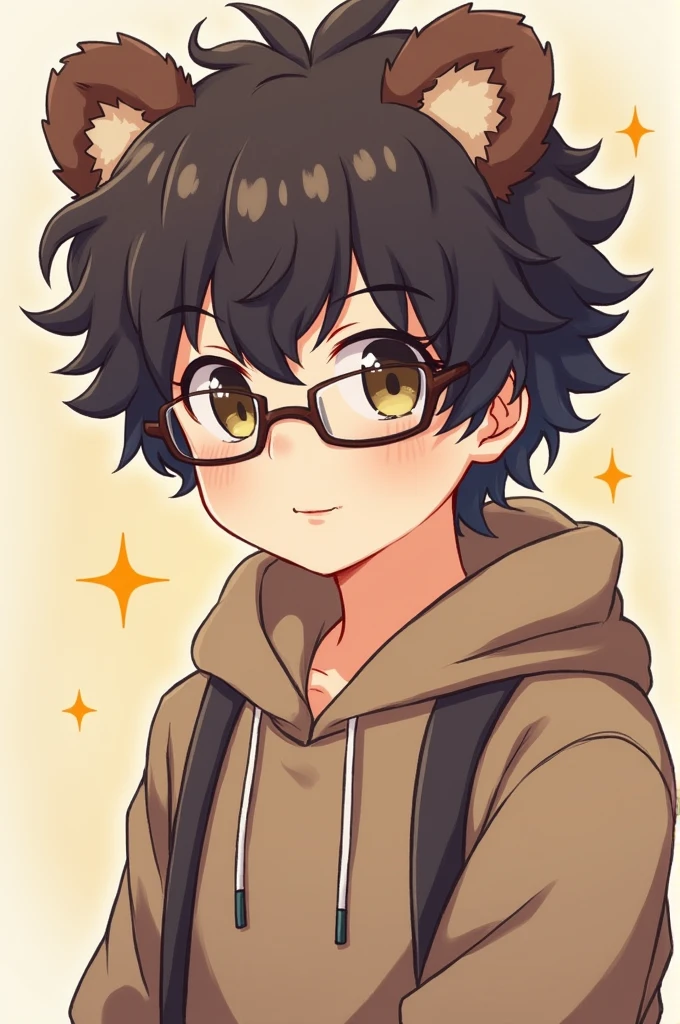 I want you to want a boy with curly hair and bear ears in a cute anime version wearing Saturo Gojo's glasses.