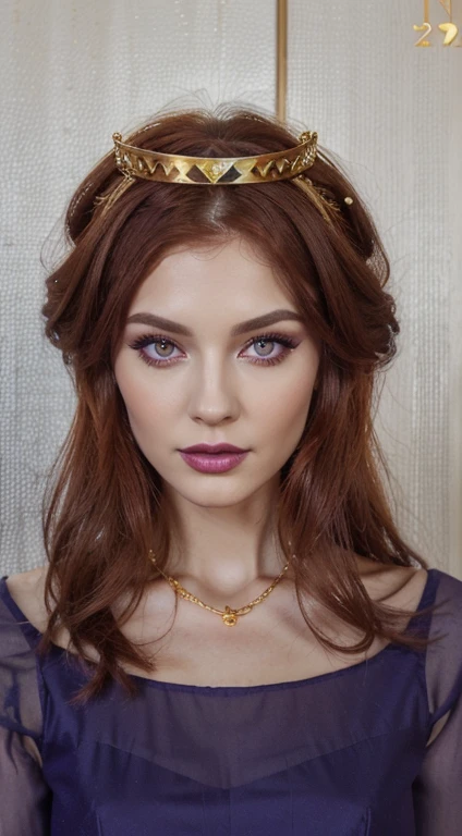 (best quality, high definition:1.2), 1girl, mature woman, purple makeup, dark red head woman, lipstick, looking at viewer, long hair, wearing golden crown, parted lips, golden necklace, wearing purple dress, close-up, upper body, realistic, best quality, red eyes
