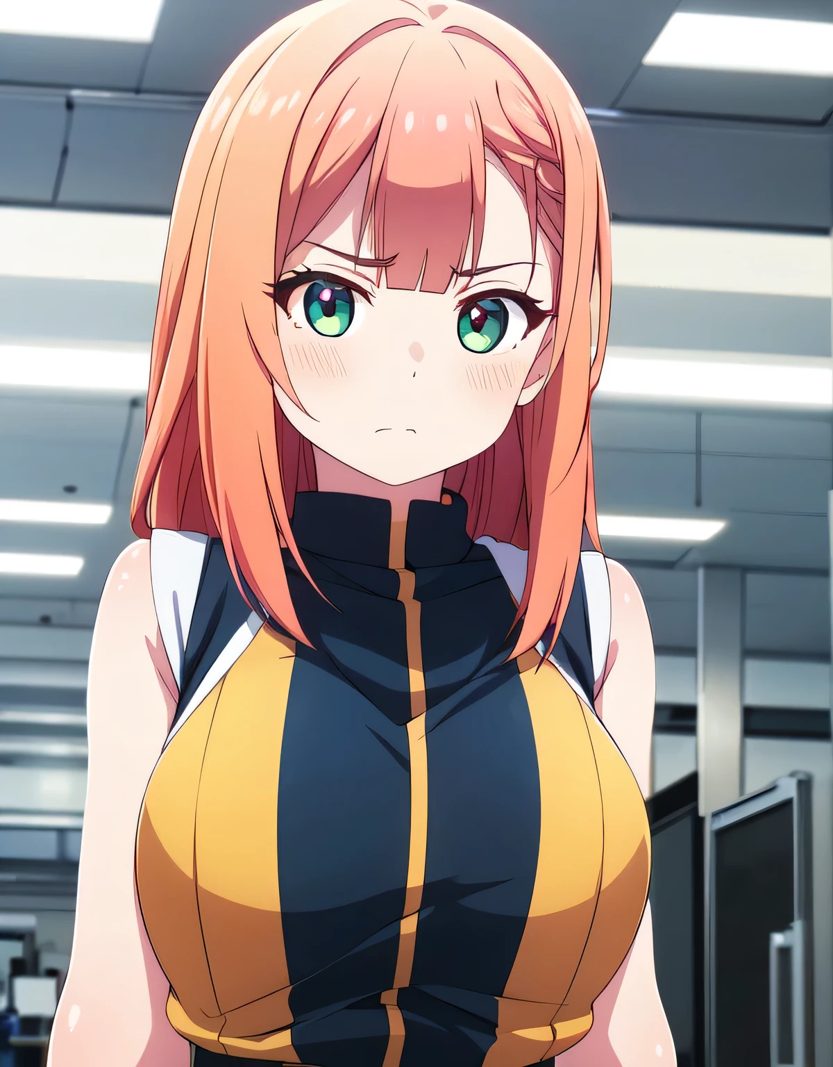 aika,bangs,(light green eyes),frown,white sleeveless clothes,skirt,indoor room,orange hair,blush,(large breasts:1.55),(shiny,hair),((solo)),((masterpiece)),((best quality)),perfect anatomy,slim waist,perfect image,8k UHD,(beautiful detailed eyes:1.5),extremely detailed face,standing,(upper body:1.25),(look at the front:1.5),arms behindback,ultra-detailed,absurdres,highres,