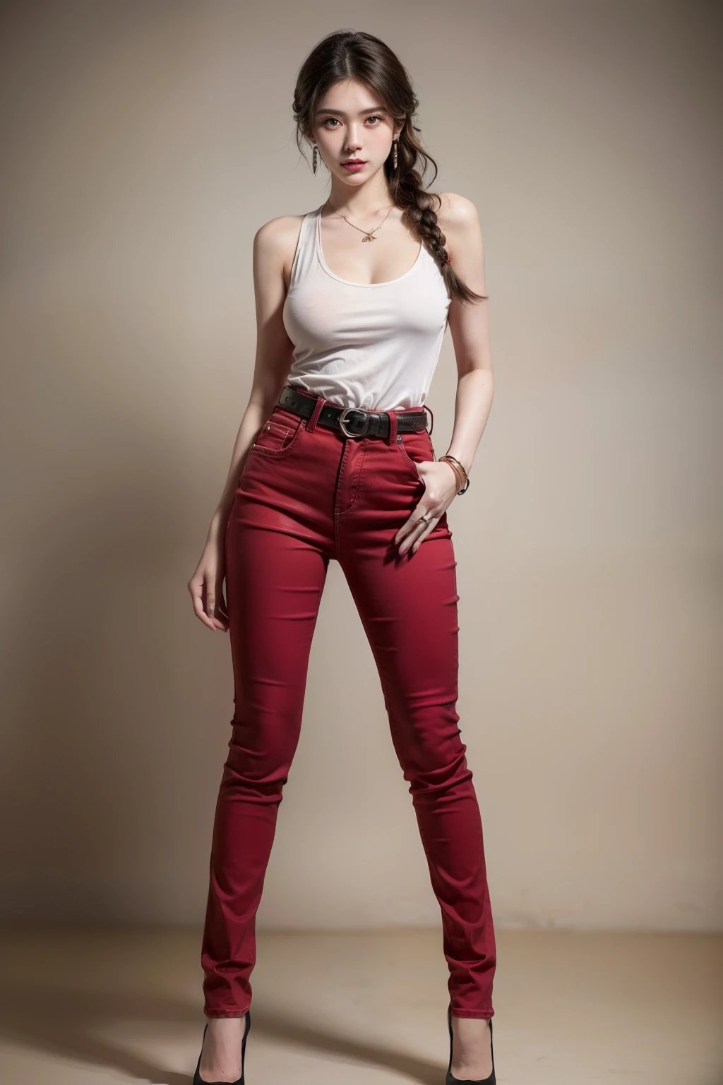 (RAW shooting, Photoreal:1.5, 8k, highest quality, masterpiece, ultra high resolution), perfect dynamic composition:1.2, Highly detailed skin and facial textures:1.2,beautiful and aesthetic:1.2, standing:2, full body:2, shoes:1.2, necklace:2, Fair skin, (large breast:1.4, Chest gap:1.4),(earrings,ring,1girl, tall, long legs, makeup:1.2, single braid, perfect thigh:1.4, red top:2,tank top:2,sleeveless:1.2,,red pants:2, skinny jeans, belt:1.2),(simple background:1),