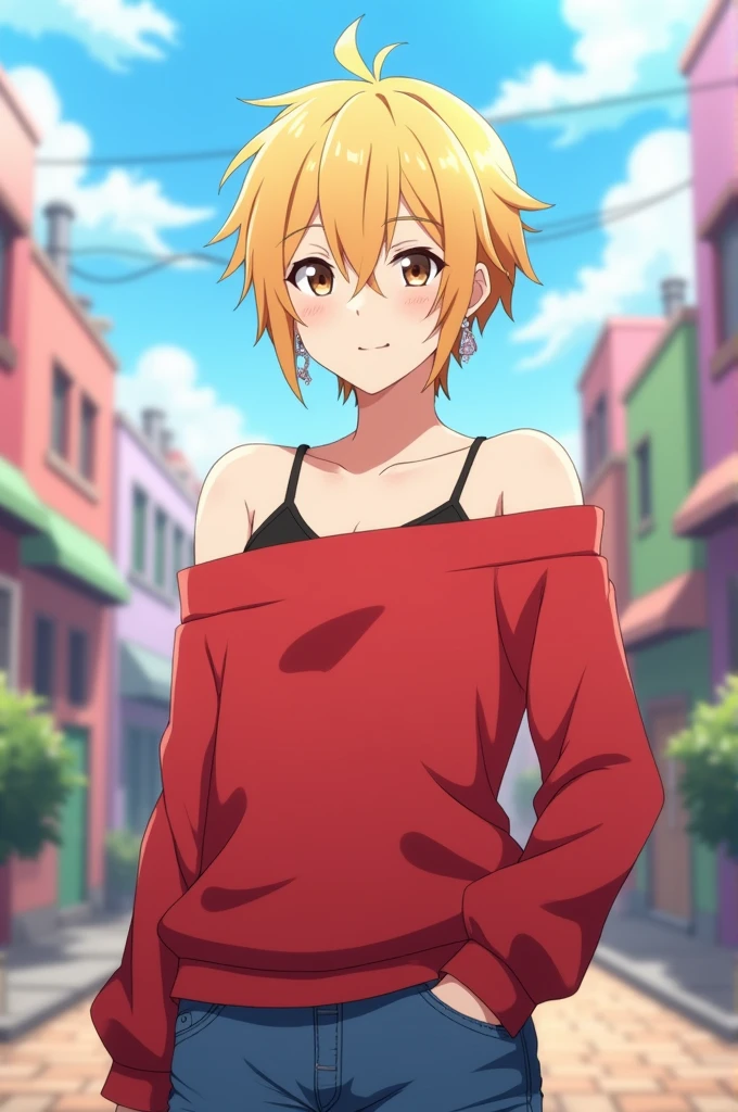 A blond haired cute anime male, brown eyes, short length messy hair, anime episode, wearing a red completely-off-shoulder square sweater, and a black spaghetti strap top underneath, and wearing denim shorts, feminine boy, soft personality, cute, wearing earrings, dynamic posing, anime TV series, anime screencap