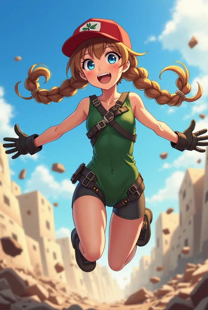 masterpiece,best quality,extreme detail,8k,cammyfn, 1girl, solo, long hair, breasts, blue eyes,brown blonde hair, large breasts, gloves, red hat, braid, ahoge, twin braids, leotard, lips, makeup, beret, scar, antenna hair, nose, harness, huge ahoge, green leotard,sleeveless, sweaty,sweat, exhausted,sleeveless,cross eye, full body , 1girl, (solo:1.2), (jumping:1.3), (mid air:1.3), (cowboy shot:1.5), smile, happy, (masterpiece:1.3), (best quality:1.3), (perfect anatomy:1.4), highly detailed, chun li, brown eyes, short hair, double bun, bun cover, blue dress, pelvic curtain, spiked bracelet, sash, brown pantyhose, (post fight scenery:1.3), rubble, outside, daylight, nyantcha, expressive faces, anime-inspired, (cell shading:1.2), lips, merging
