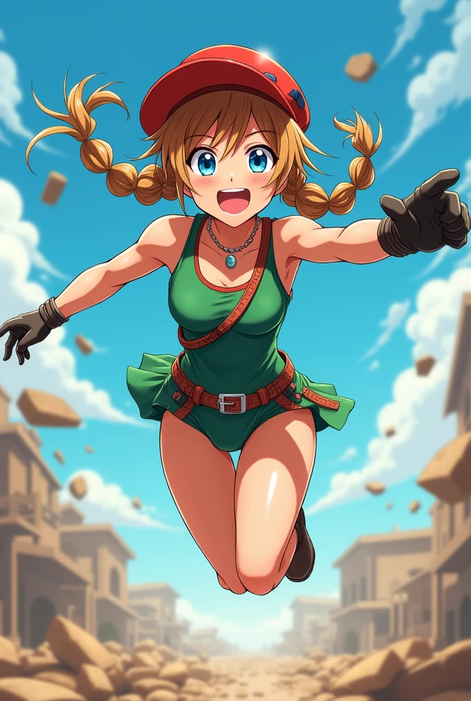 masterpiece,best quality,extreme detail,8k,cammyfn, 1girl, solo, long hair, breasts, blue eyes,brown blonde hair, large breasts, gloves, red hat, braid, ahoge, twin braids, leotard, lips, makeup, beret, scar, antenna hair, nose, harness, huge ahoge, green leotard,sleeveless, sweaty,sweat, exhausted,sleeveless,cross eye, full body , 1girl, (solo:1.2), (jumping:1.3), (mid air:1.3), (cowboy shot:1.5), smile, happy, (masterpiece:1.3), (best quality:1.3), (perfect anatomy:1.4), highly detailed, chun li, brown eyes, short hair, double bun, bun cover, blue dress, pelvic curtain, spiked bracelet, sash, brown pantyhose, (post fight scenery:1.3), rubble, outside, daylight, nyantcha, expressive faces, anime-inspired, (cell shading:1.2), lips, merging