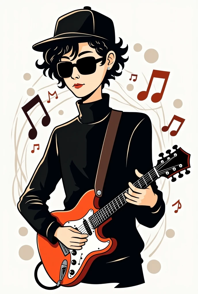 logo of someone wearing square black glasses, black cap and black turtleneck, with curly hair tied up and playing a black and white guitar