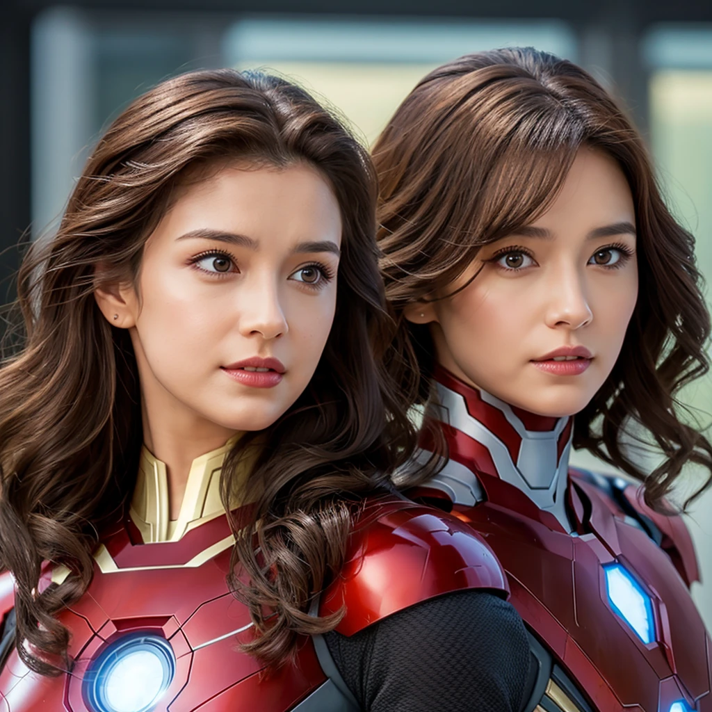 One woman with VERY Curls DARK BROWN hair brown eyes wearing Marvel Iron Man outfit