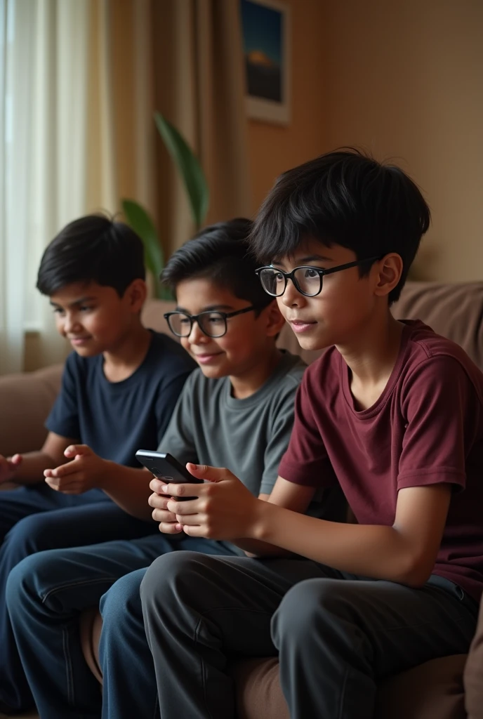 There is a brown sofa and a Indian boy with a fair skin with pimples on cheeks sit on the right side of the sofa with a gaming console. He is wearing a marron shirt sleeved shirt with a black trousers. He is concentrated to the game. His face is almost similar to cillian Murphy.  Next to him a indian boy who a bit fatter than the 1st guy sits on the sofa. He is wearing spectacles. He is wearing a pale rose t shirt and a grey trousers. He is also playing games on the phone. He is concentrated on it. His face is a bit oval and skin tone is a bit darker. Next to him a skinny guy wearing a long sleeved dark Blue t-shirt with a round neck and a blue denim sits on the left side of a sofa. He is looking at the front with a tough look. His skinned is whited. Behind the sofa a chubby guy with a whited skin is wearing a gray colour short sleeved collared T shirt. He looks at the front with a smile. He is wearing spectacles. His hair is firmly cut. His face is round
