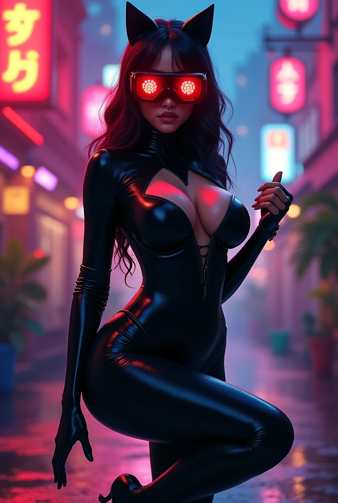 25 year old sexy hotty juicy milky, fat, Booby pretty cutie beautiful girl, she is hot, she must were black shiny tight cat suit, in cat suit she looks hantai, her all sexy rounds are sharp, she body is milky, her one lag is up and hand is on her pussy, black face mask, red glowing small nightvision round glasses, she is very busty, she is showing off her butt,black hair mask, cartoonish looking, big butt