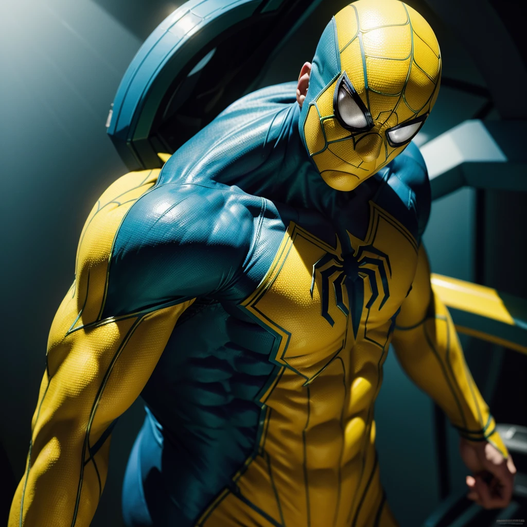 1boy,green and yellow spiderman,blue and white costume,superhero,detailed face,muscular body,dynamic pose,high quality,cinematic lighting,dramatic shadows,vibrant colors,digital painting,concept art
