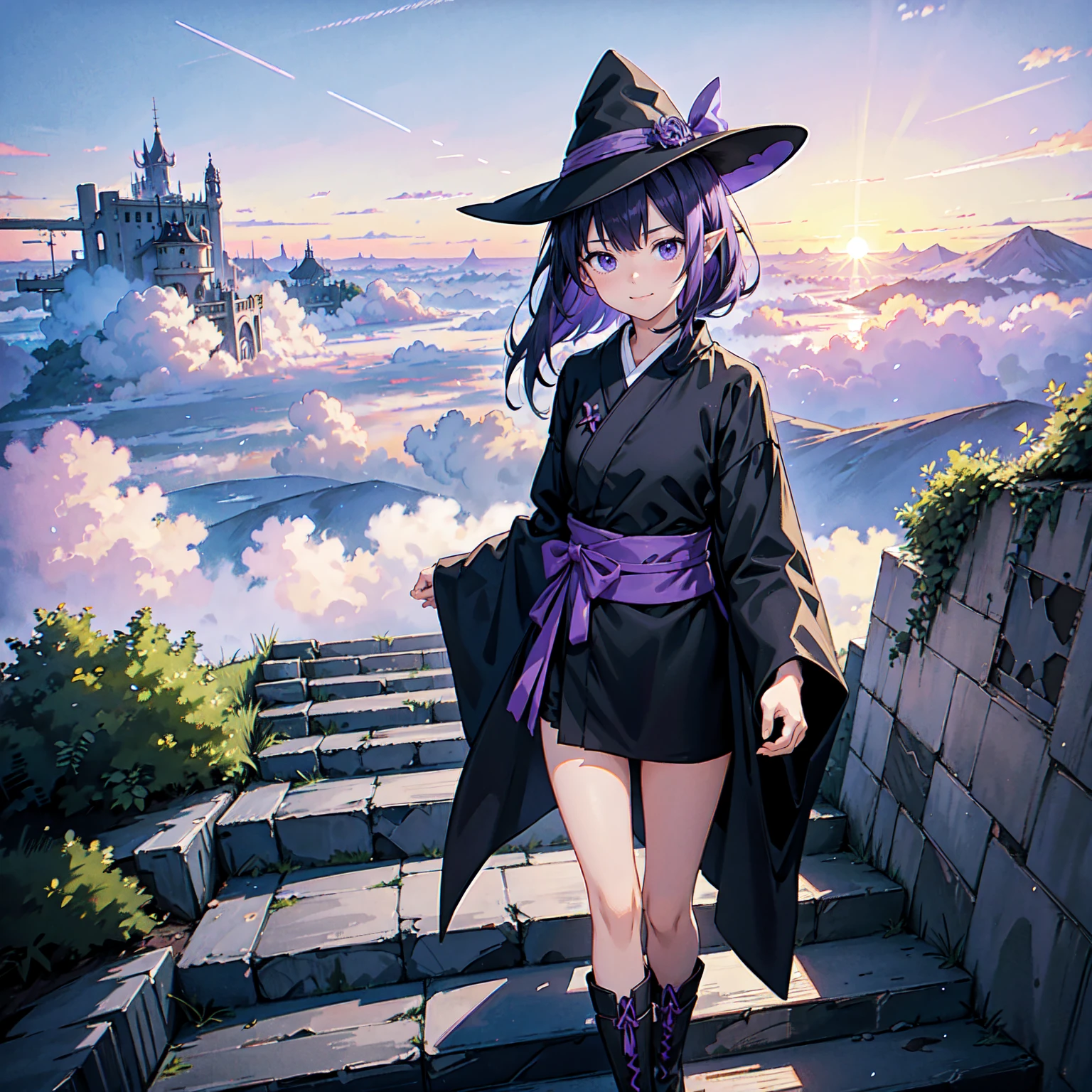 A girl with long violet-purple hair. A kind, full smile. Pointy elf ears. Her clothes are simple: a black robe with wide sleeves and a black miniskirt. Her knees are showing. There is a V-shaped white insert in the front, like a kimono. A witch's hat with purple ribbons on each side. Black boots. Background, bright painting, Makoto Shinkai, only endless stairs, long floating stairs, floating stairs in the air, stairs above clouds, illustration, nostalgic, vivid, above clouds, bright, fresh, sunset. A maze of connected stairs. A labyrinth of stairs. Untouched by land.