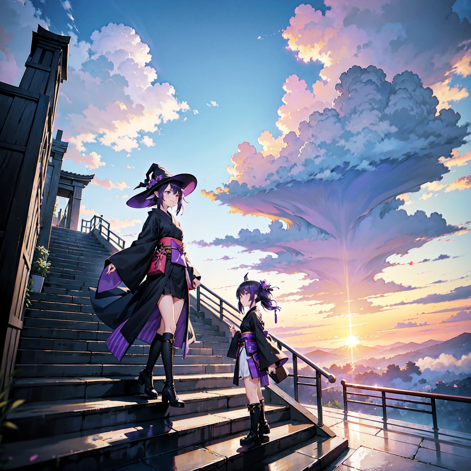 A girl with long violet-purple hair. A kind, full smile. Pointy elf ears. Her clothes are simple: a black robe with wide sleeves and a black miniskirt. Her knees are showing. There is a V-shaped white insert in the front, like a kimono. A witch's hat with purple ribbons on each side. Black boots. Background, bright painting, Makoto Shinkai, only endless stairs, long floating stairs, floating stairs in the air, stairs above clouds, illustration, nostalgic, vivid, above clouds, bright, fresh, sunset. A maze of connected stairs. A labyrinth of stairs. Untouched by land.