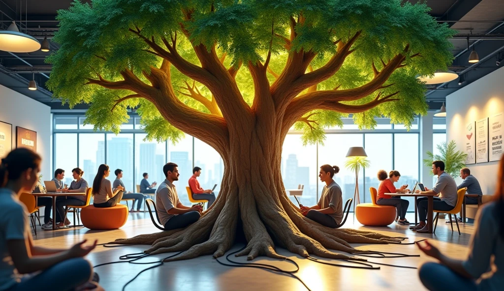 A photograph or illustration showing a robust and leafy tree inside a modern office environment. The tree represents growth, the company's innovation and vitality. Its roots spread across the office floor, subtly transforming into network cables, symbolizing how employee well-being is connected and fuels the company's technological infrastructure. The branches of the tree extend throughout the space, with vibrant green leaves that transform into lit lamps, representing the brilliant ideas and innovation. Around the tree, we see collaborators of diverse ethnicities and ages, Some working on laptops, others talking in small groups, and some practicing yoga or meditation. The environment around the tree is bright and welcoming, with flexible workspaces, rest areas and motivational panels on the walls. In a corner, you can see a small sign that reads "Judgment-free zone - Here, all ideas are welcome". This image visually captures the main concepts of the article: the centrality of employee well-being, the connection between caring for people and the growth of the company, the importance of diversity and creating a safe and welcoming environment to foster innovation.