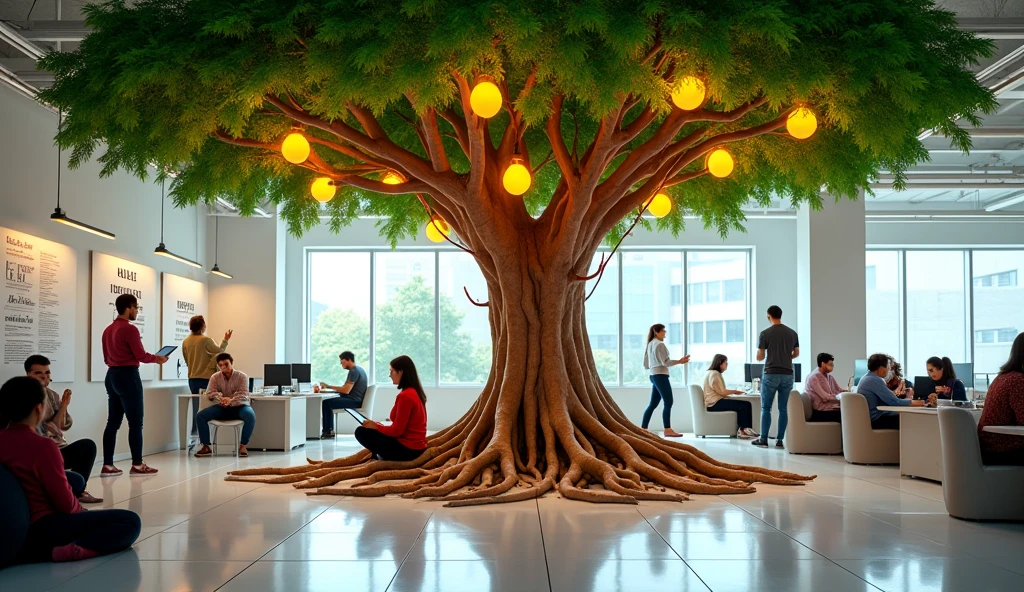 A photograph or illustration showing a robust and leafy tree inside a modern office environment. The tree represents growth, the company's innovation and vitality. Its roots spread across the office floor, subtly transforming into network cables, symbolizing how employee well-being is connected and fuels the company's technological infrastructure. The branches of the tree extend throughout the space, with vibrant green leaves that transform into lit lamps, representing the brilliant ideas and innovation. Around the tree, we see collaborators of diverse ethnicities and ages, Some working on laptops, others talking in small groups, and some practicing yoga or meditation. The environment around the tree is bright and welcoming, with flexible workspaces, rest areas and motivational panels on the walls. In a corner, you can see a small sign that reads "Judgment-free zone - Here, all ideas are welcome". This image visually captures the main concepts of the article: the centrality of employee well-being, the connection between caring for people and the growth of the company, the importance of diversity and creating a safe and welcoming environment to foster innovation.
