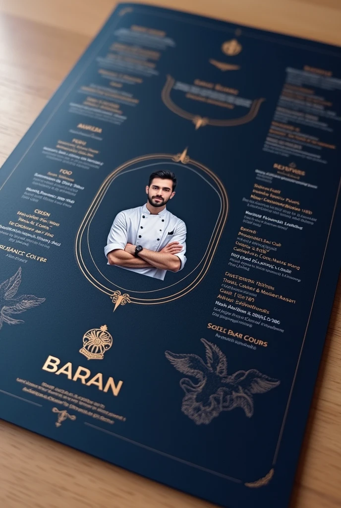 I want you to design a menu for a restaurant called Baran. The menu consists of two A4 pages separated by a border, and the menu theme is navy with stylish and luxurious navy writing, and only my photo. Nothing else and the menu should be smooth and without bends