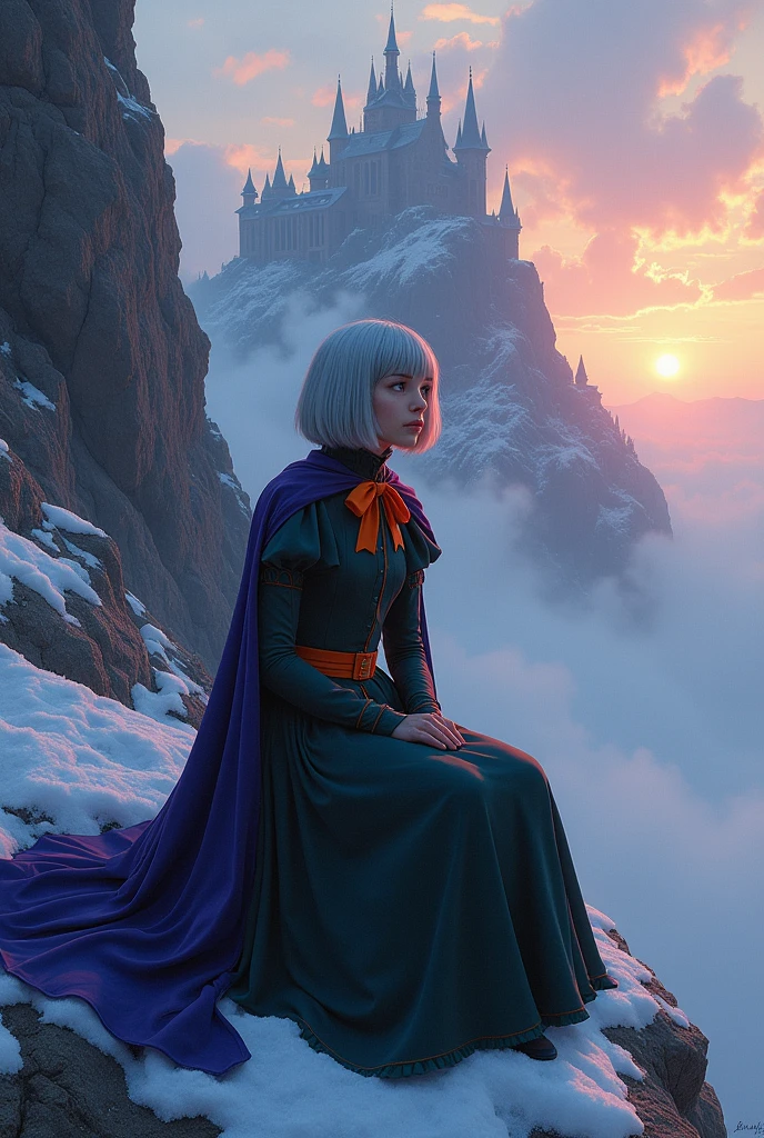 (Face ultra detailed, looking away, Fantasy illustration with gothic, Ukiyo-e, comic book art, rich colors),
break
(This is a steep climb, rocky mountain at 5,000 meters above sea level. Visibility is poor due to thick fog. The vision of white mist is spreading.),
break
(Black Elves: A young dark elf with silver hair, Blunt bangs, bob cut and dark purple skin, lavender eyes),
break
(A dark elf vampire hunter wears a crimson veil, a ruby blue cloak, a traditional dark green Victorian dress with a large orange ribbon, and brown boots.),
break
(A dark elf vampire hunter kneels on an icy rock, with Dracula's Castle, perched on a steep rocky hill, in front of her. A deep mist surrounds her, and the sunlight behind her seems to envelop her in a rainbow aura. Brocken Phenomenon. parabolic effect.), (The area is dimly lit like a deep red haze, dyed red by the setting sun, spreads like smoke.)