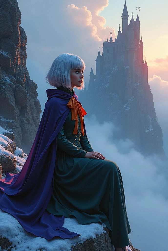(Face ultra detailed, looking away, Fantasy illustration with gothic, Ukiyo-e, comic book art, rich colors),
break
(This is a steep climb, rocky mountain at 5,000 meters above sea level. Visibility is poor due to thick fog. The vision of white mist is spreading.),
break
(Black Elves: A young dark elf with silver hair, Blunt bangs, bob cut and dark purple skin, lavender eyes),
break
(A dark elf vampire hunter wears a crimson veil, a ruby blue cloak, a traditional dark green Victorian dress with a large orange ribbon, and brown boots.),
break
(A dark elf vampire hunter kneels on an icy rock, with Dracula's Castle, perched on a steep rocky hill, in front of her. A deep mist surrounds her, and the sunlight behind her seems to envelop her in a rainbow aura. Brocken Phenomenon. parabolic effect.), (The area is dimly lit like a deep red haze, dyed red by the setting sun, spreads like smoke.)
