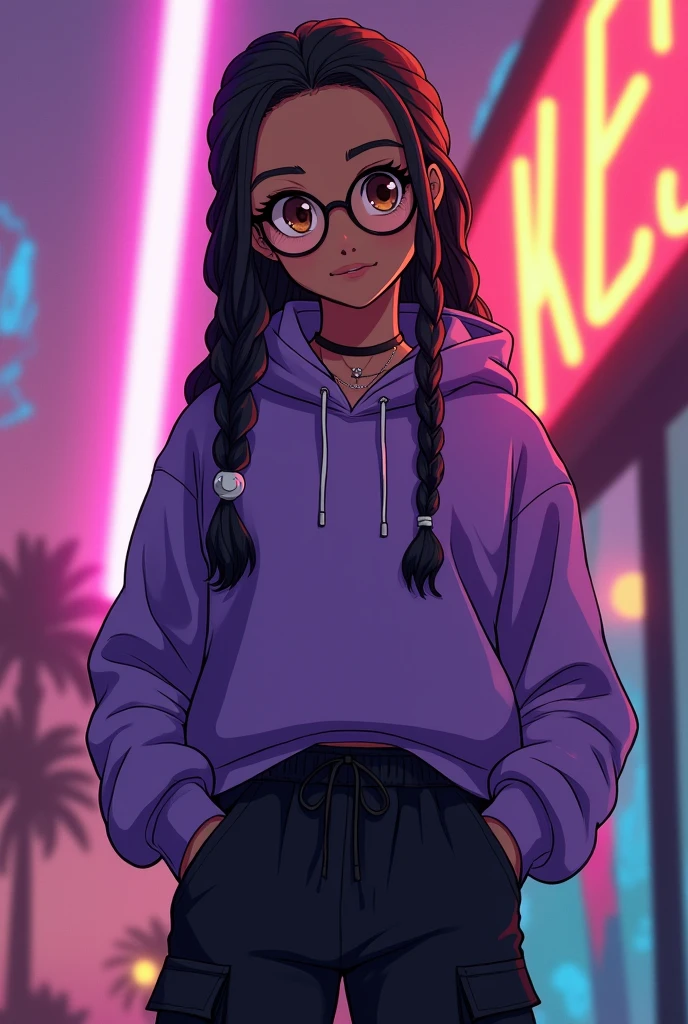 ((best quality)), ((masterpiece)), (detailed), 1girl, long black box braids, brown eyes, Round glasses, tan skin,dark skin ,BROWN SKIN, SHE HAS LIGHT BROWN SKIN, body, wearing plain purple hoodie, wearing long black sweat cargo pants, absurdres, high res, ultrasharp, 8k, masterpiece, looking at viewer, anime inspired, cool background, androgynous, smiling, large round glasses, no airplanes, wearing a choker on neck