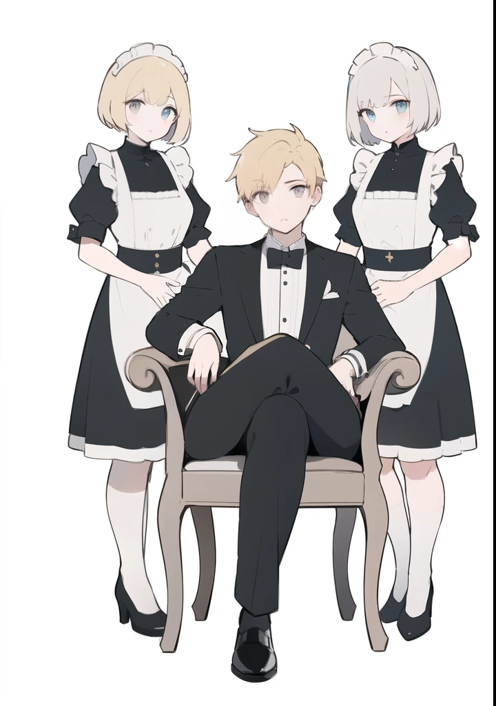 (best quality), (masterpiece), (Detailed lighting),(Extremely refined), (White background:1.4), A young man， Western knight noble clothing，Blonde short hair，Golden Eyes，sit on the chair，Cross your legs，The corners of the mouth slightly raised。Two maids stand behind him.，protrait photo，full-body shot，Correct anatomy