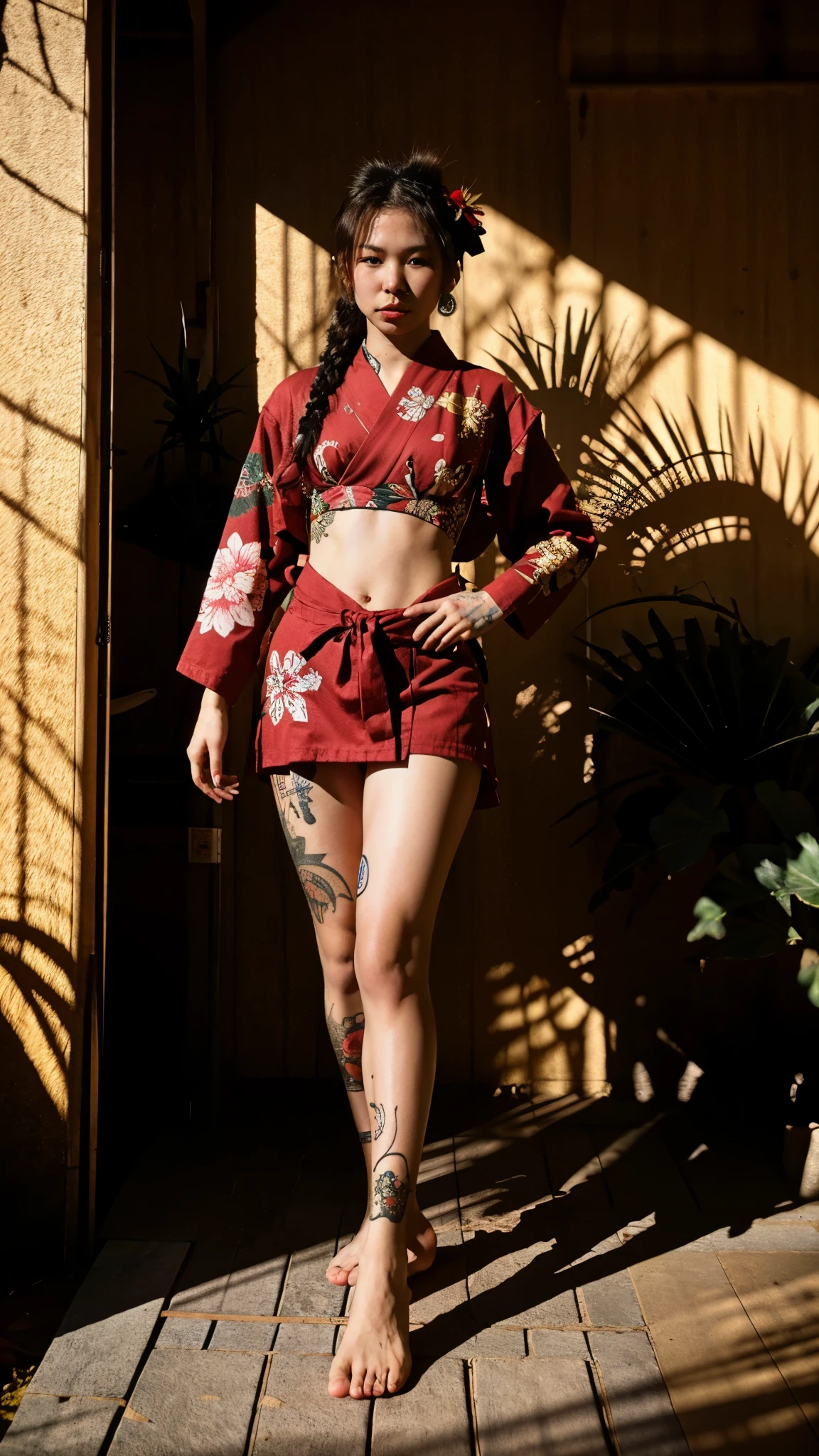20 year old japanese woman and beautiful and masterpiece and best quality and TATTOO and IREZUMI and film grain, full body, (GiU)