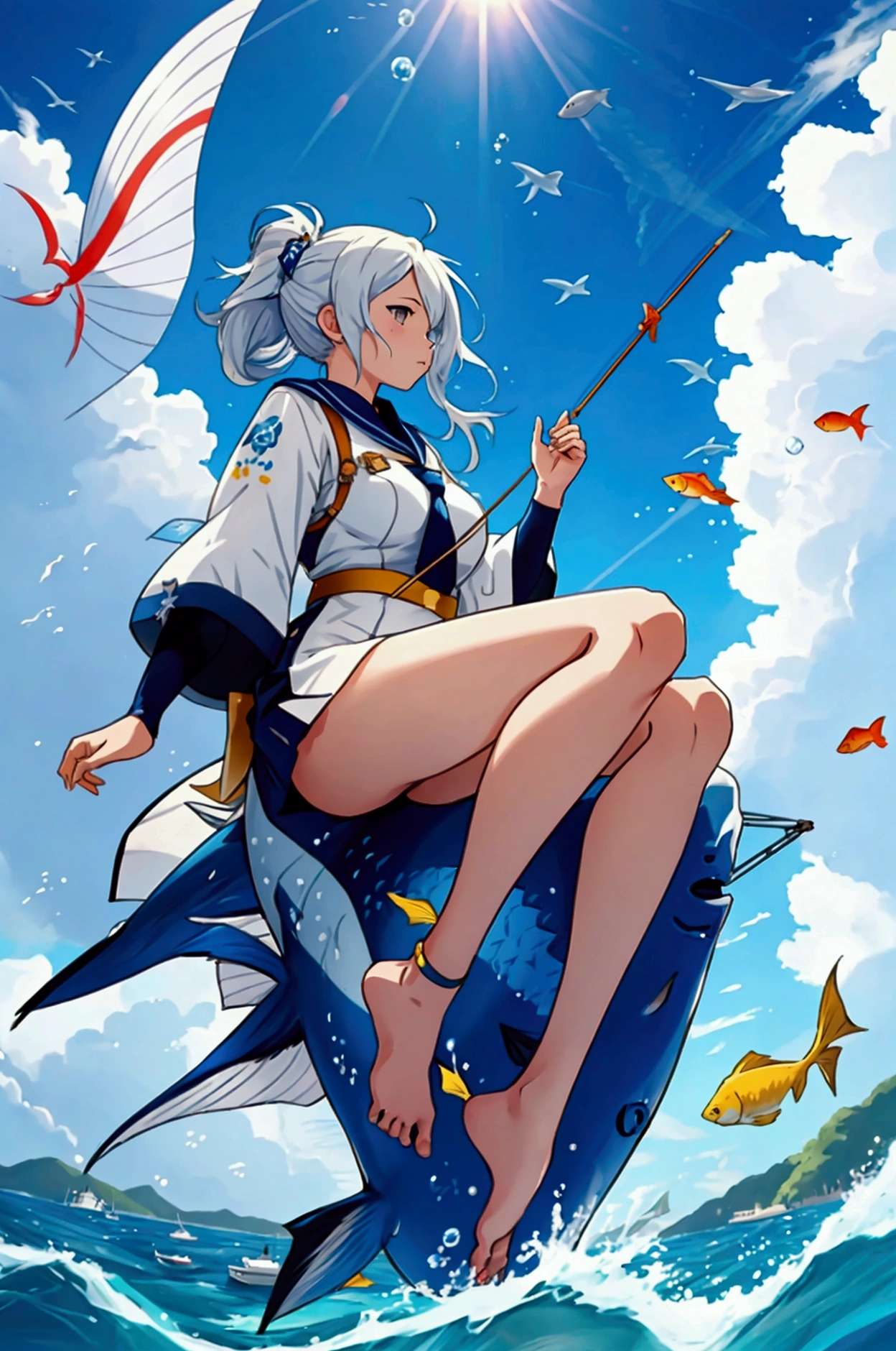 1 Girl, on top of a giant fish, flying in the sky, side view, one sailboat behind her flying, anime style, azur lane, bubbles, little fishes, dynamic