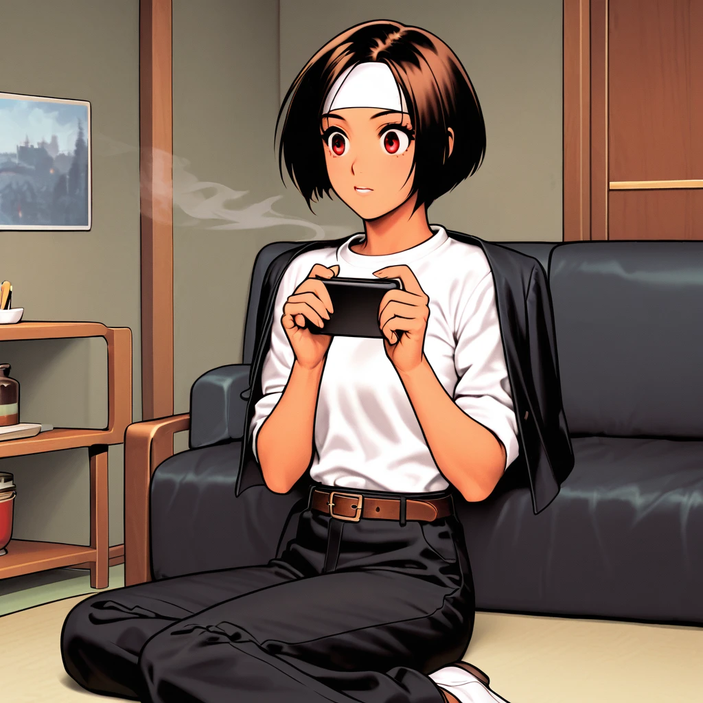 Single, female, short cut, dark hair, dark skin, red eyes, ((black jacket with rolled up arms)), fingerless gloves, white T-shirt, (white headband on forehead), black pants, white shoes, brown belt, cute, indoor-oriented, charming, top quality, neat face, neat eyes, sitting on black sofa She is smoking, looking at her smart phone, lying down, beautiful Japanese girl, she is surprised to see the front of the room. Her eyes are wide open, her gaze is slightly downward, her mouth is half open,