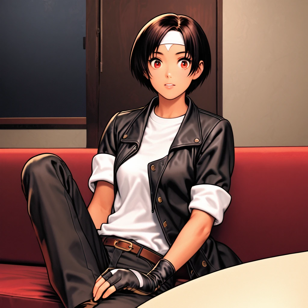 Single, female, short cut, dark hair, dark skin, red eyes, ((black jacket with rolled up arms)), fingerless gloves, white T-shirt, (white headband on forehead), black pants, white shoes, brown belt, cute, indoor-oriented, charming, top quality, neat face, neat eyes, sitting on black sofa She is smoking, looking at her smart phone, lying down, beautiful Japanese girl, she is surprised to see the front of the room. Her eyes are wide open, her gaze is slightly downward, her mouth is half open,