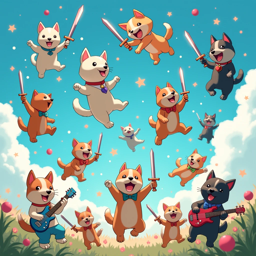 Dogs falling from the sky, some holding swords, some playing pinball, others dancing others playing guitar, anime-style art
