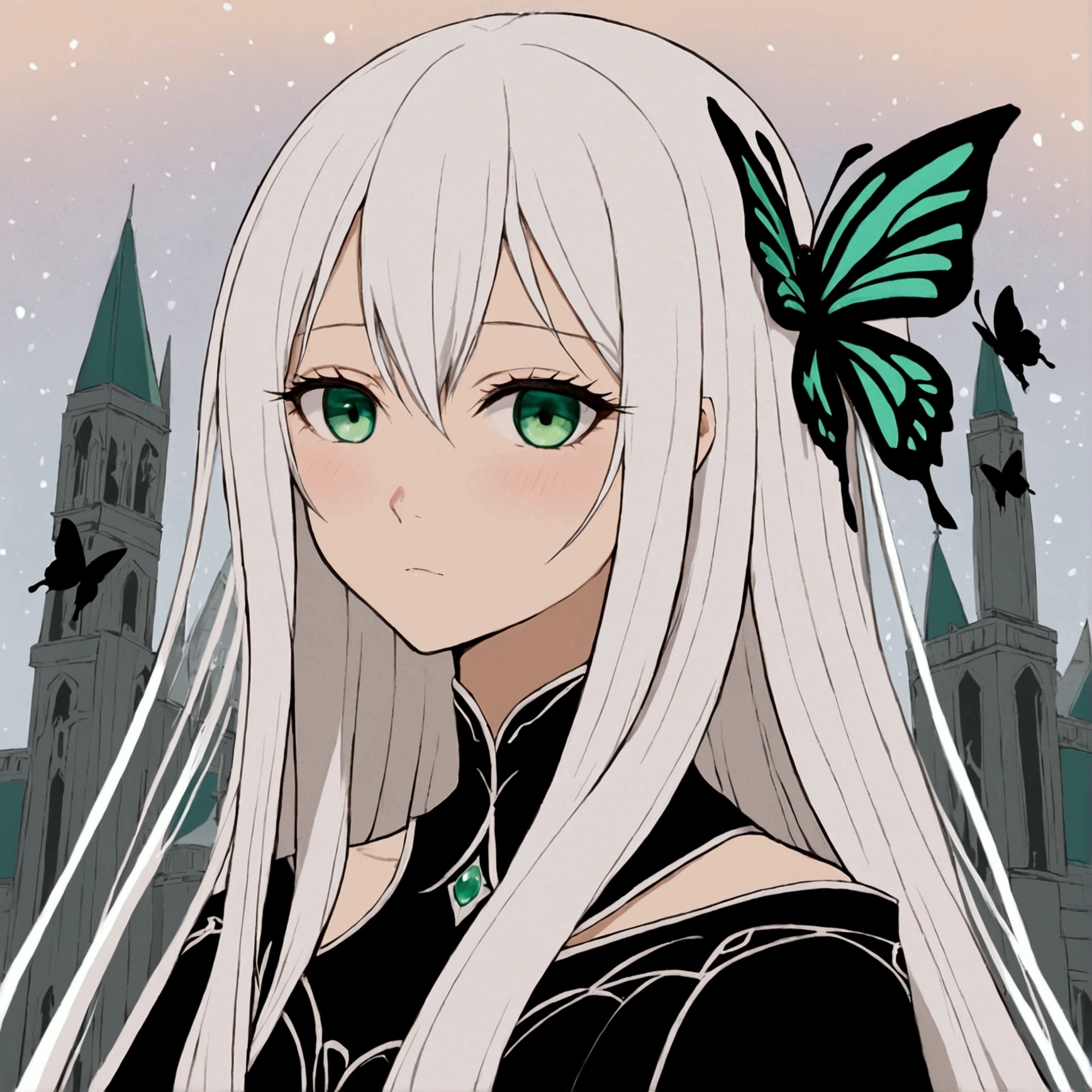 "Echidna - the Snow White Witch" with long white hair and beautiful skin. Only her intelligent eyes and black dress.. Her long straight hair reached to her back and was just as white, eyelashes and eyebrows were expressionless, and also her skin, and in her hair there was a black butterfly hairpin (in the anime her color was changed to jade green). Anyone, Who saw her, were instantly captivated by her stunning beauty, although her appearance also instilled an insurmountable fear in the human soul. Although her spirit in the Dream Palaces was in her late teens, Echidna's slender body looked like this, as if she were twenty years old.