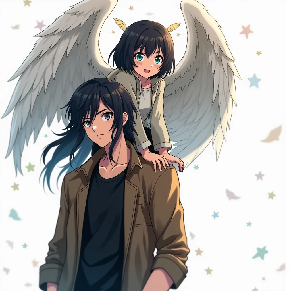 2 people. boy, long black hair, grey eyes, in a black T-shirt and a brown jacket, Beautiful face, beautiful body, 2 a girl with angel wings sits on his shoulder black short hair to shoulders, green eyes, anime art, masterpiece, realistically