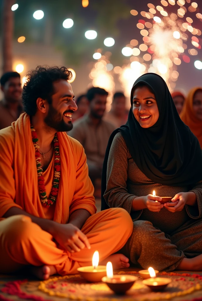 Young muscular Hindu pandit, fat pregnant muslim women wearing black burkha,together enjoy the festival of Diwali with family